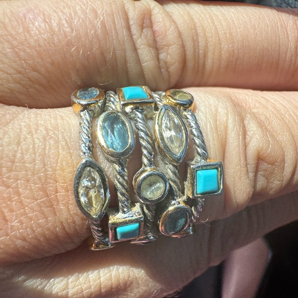 925 Sterling silver multi gemstone turquoise topaz and aquamarine  vintage ring - Picture 3 of 10